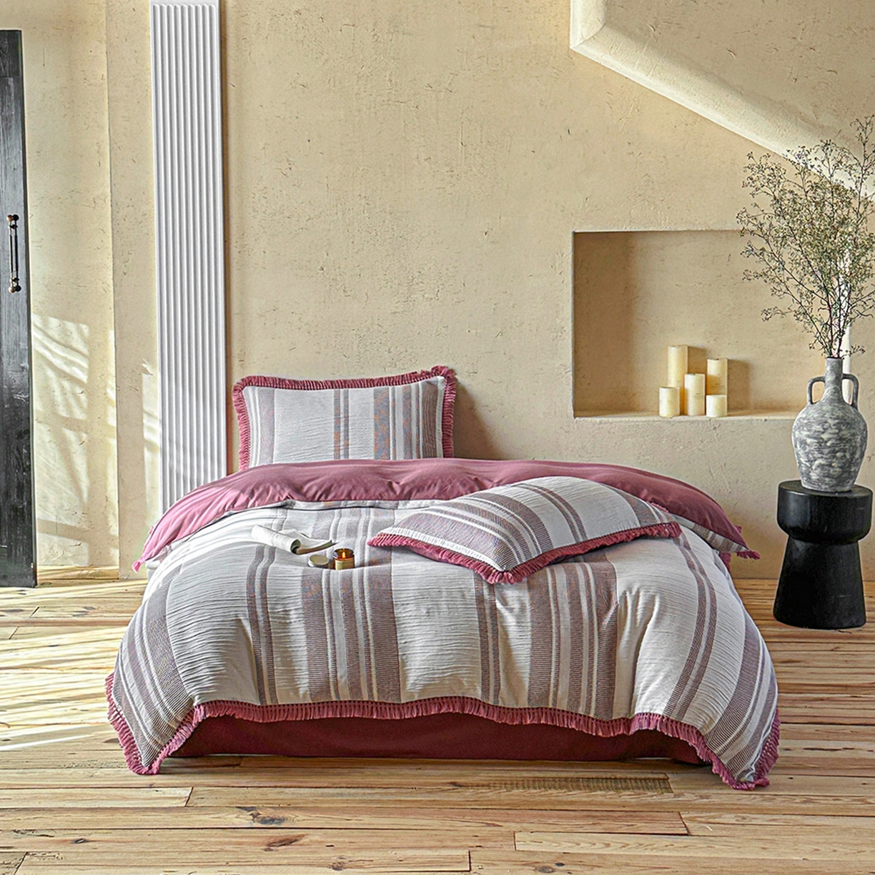 91家纺网 家纺一手货源 找家纺 （总）缘生活 2026新款色织提花双层纱华夫格流苏四件套