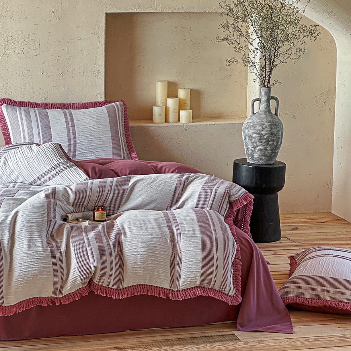 91家纺网 家纺一手货源 找家纺 （总）缘生活 2026新款色织提花双层纱华夫格流苏四件套