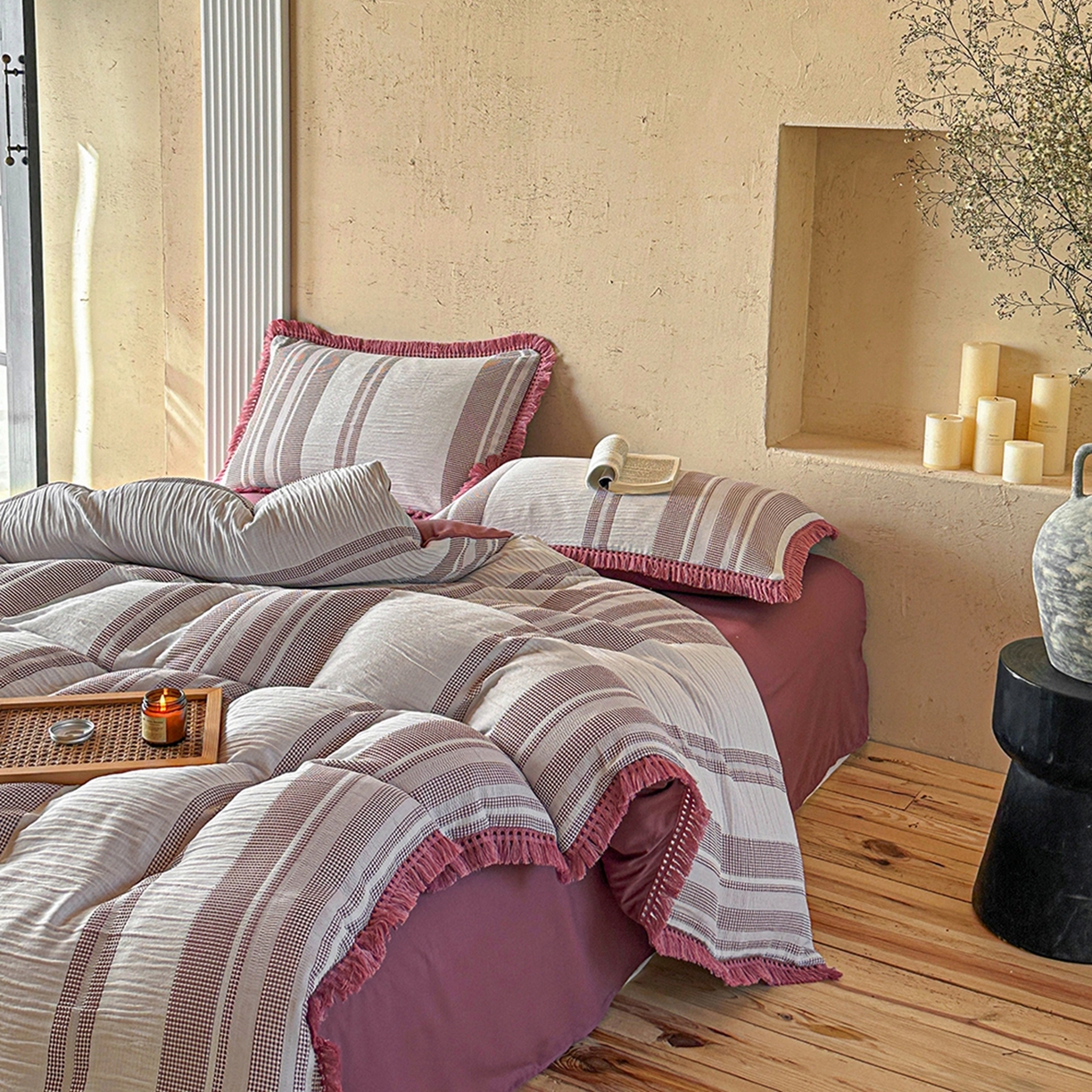 91家纺网 家纺一手货源 找家纺 （总）缘生活 2026新款色织提花双层纱华夫格流苏四件套