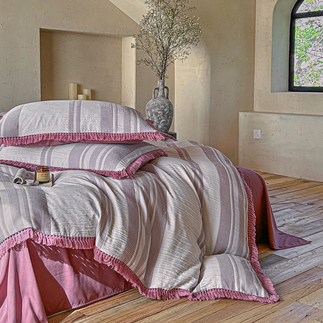 91家纺网 家纺一手货源 找家纺 （总）缘生活 2026新款色织提花双层纱华夫格流苏四件套