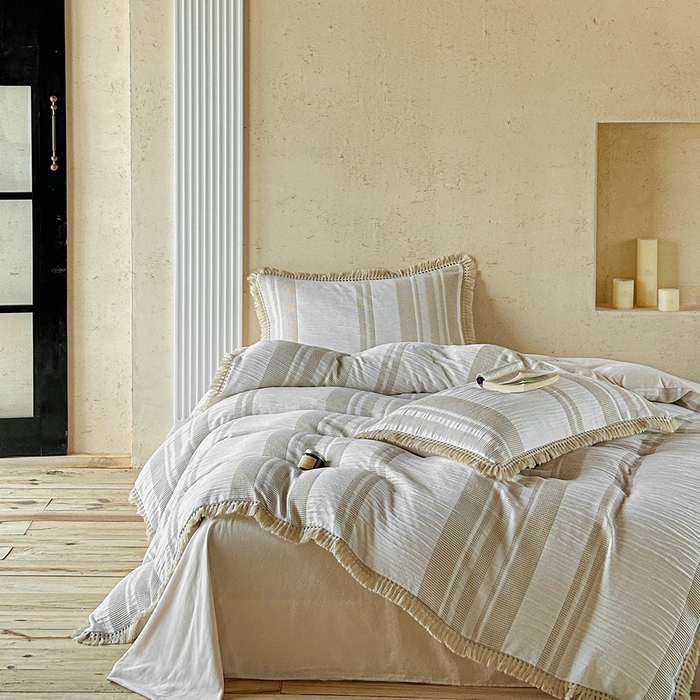 91家纺网 家纺一手货源 找家纺 缘生活 2026新款色织提花双层纱华夫格流苏四件套 双工艺流苏-卡其色