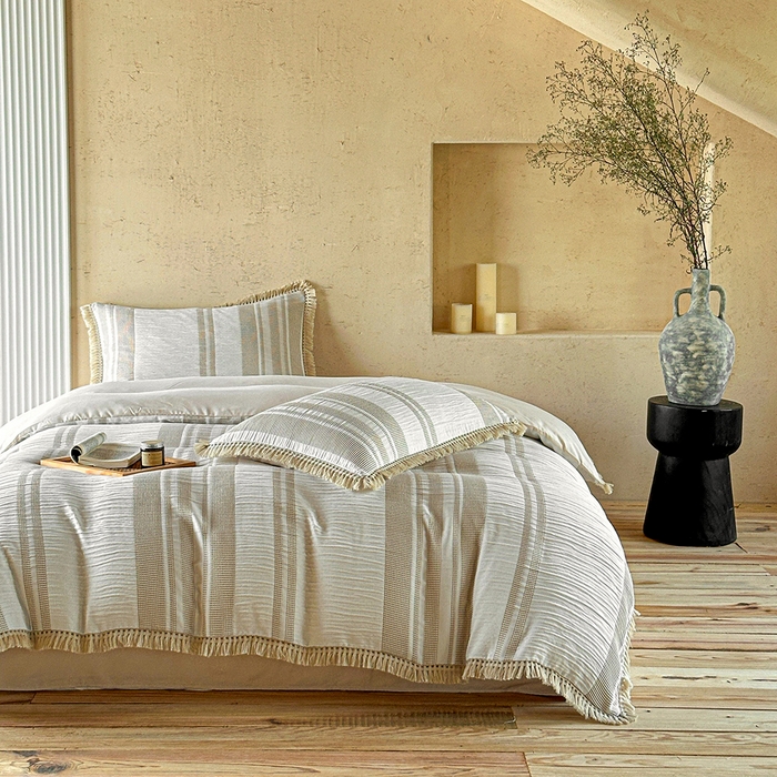 91家纺网 家纺一手货源 找家纺 缘生活 2026新款色织提花双层纱华夫格流苏四件套 双工艺流苏-卡其色