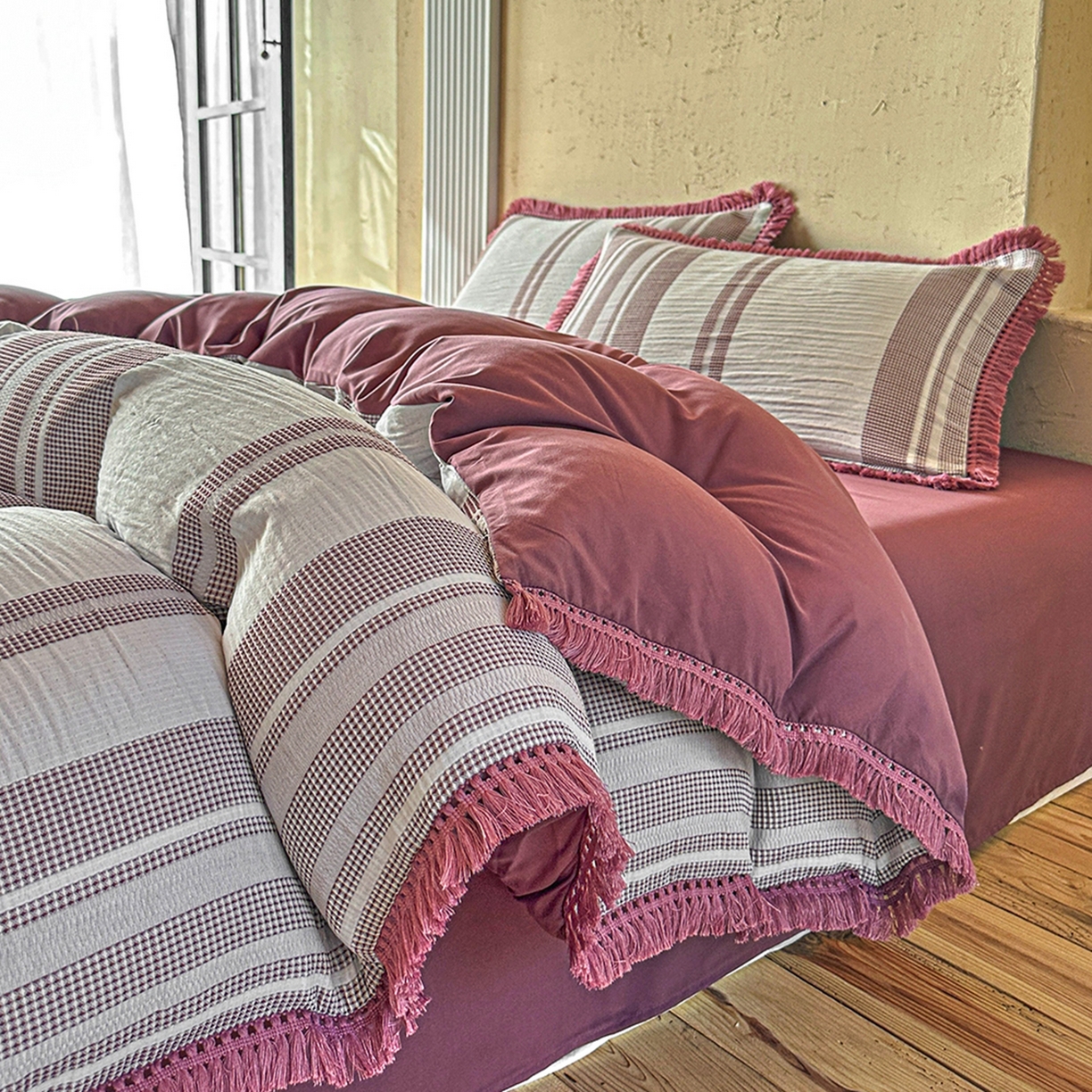 缘生活 2026新款色织提花双层纱华夫格流苏四件套 双工艺流苏-豆沙红