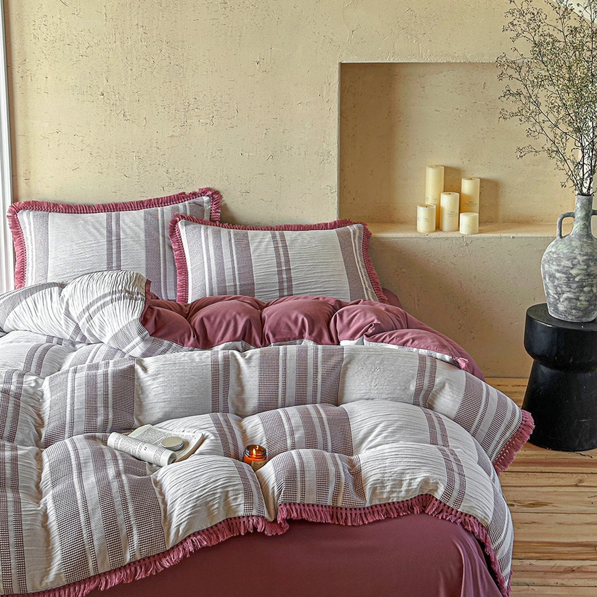 91家纺网 家纺一手货源 找家纺 缘生活 2026新款色织提花双层纱华夫格流苏四件套 双工艺流苏-豆沙红