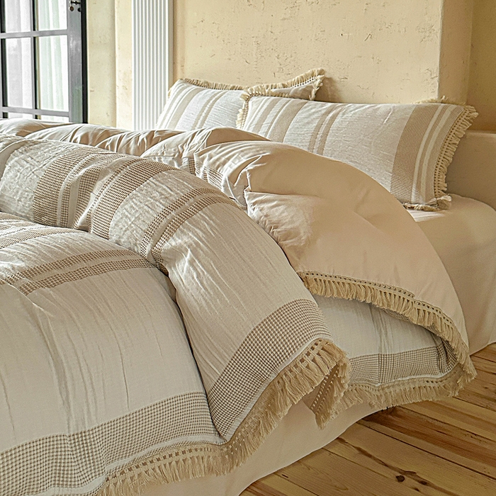 缘生活 2026新款色织提花双层纱华夫格流苏四件套 双工艺流苏-卡其色