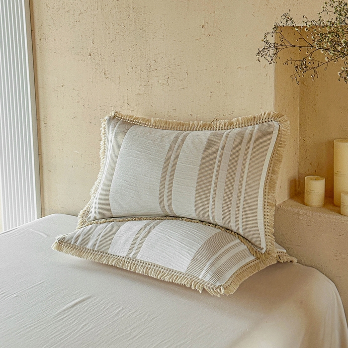 91家纺网 家纺一手货源 找家纺 缘生活 2026新款色织提花双层纱华夫格流苏四件套 双工艺流苏-卡其色