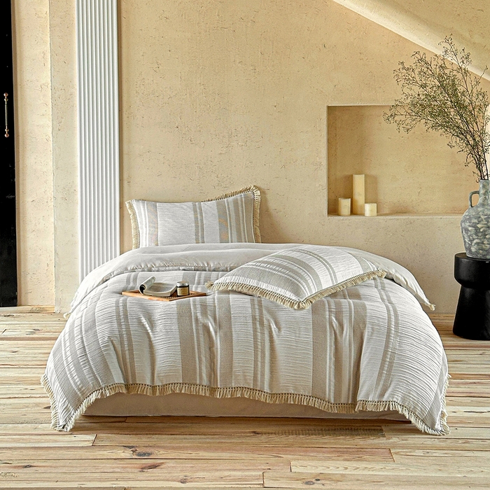 91家纺网 家纺一手货源 找家纺 缘生活 2026新款色织提花双层纱华夫格流苏四件套 双工艺流苏-卡其色