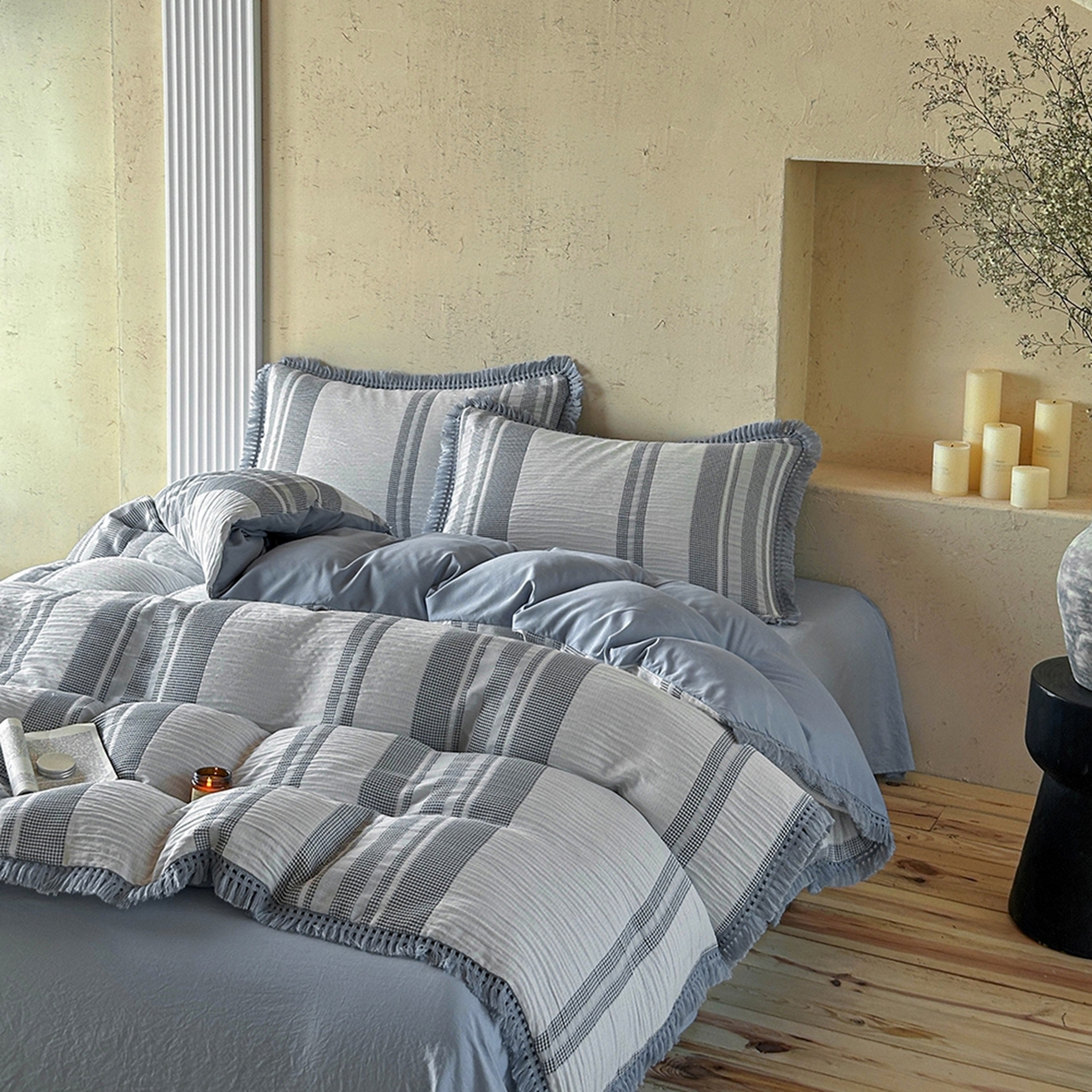 91家纺网 家纺一手货源 找家纺 缘生活 2026新款色织提花双层纱华夫格流苏四件套 双工艺流苏-青蓝色