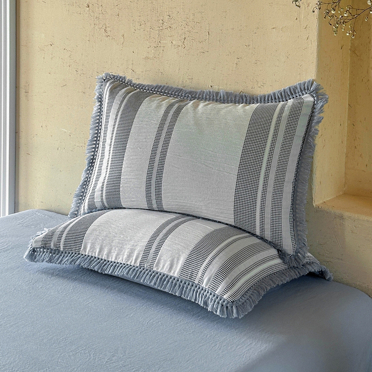 91家纺网 家纺一手货源 找家纺 缘生活 2026新款色织提花双层纱华夫格流苏四件套 双工艺流苏-青蓝色