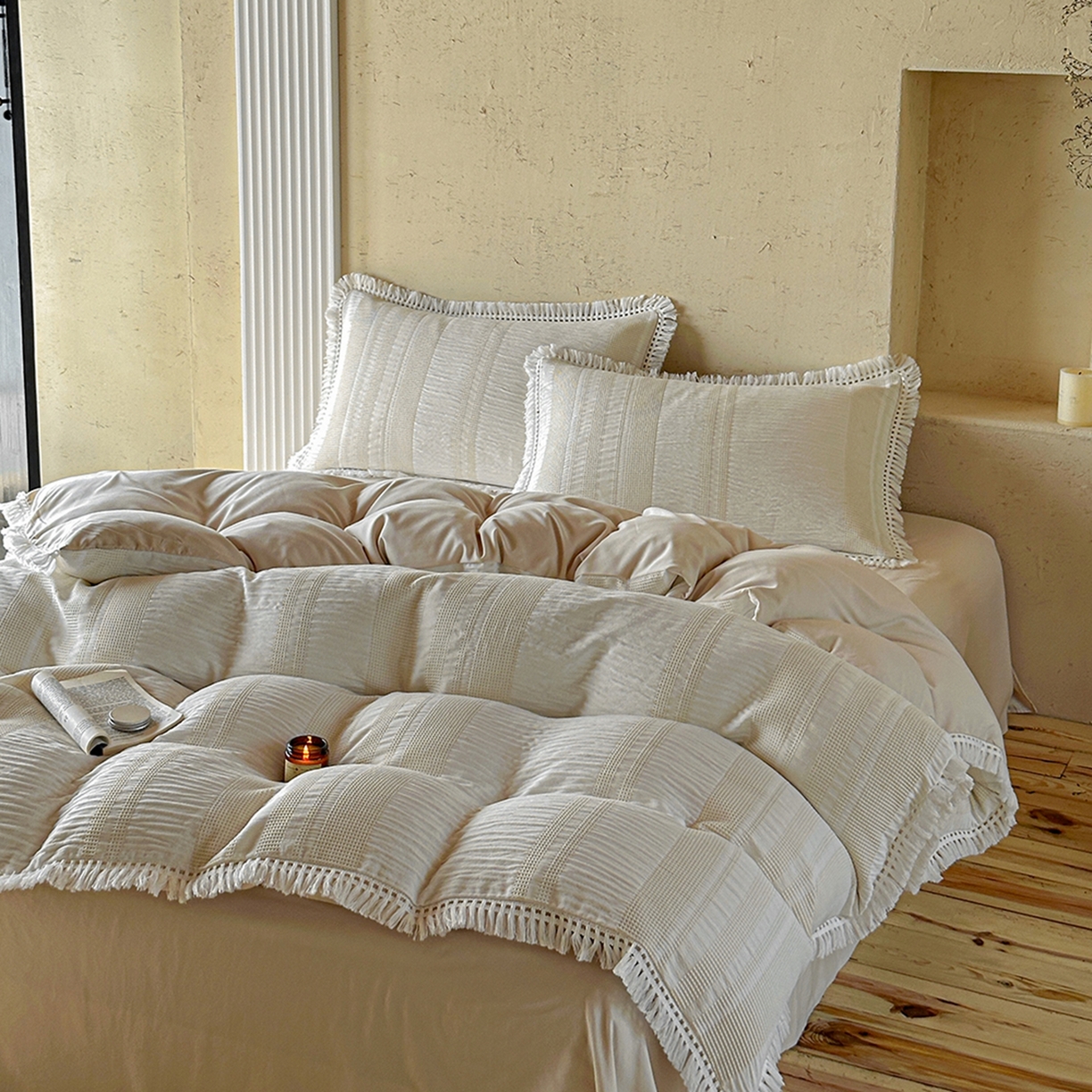 91家纺网 家纺一手货源 找家纺 缘生活 2026新款色织提花双层纱华夫格流苏四件套 双工艺流苏-米白色