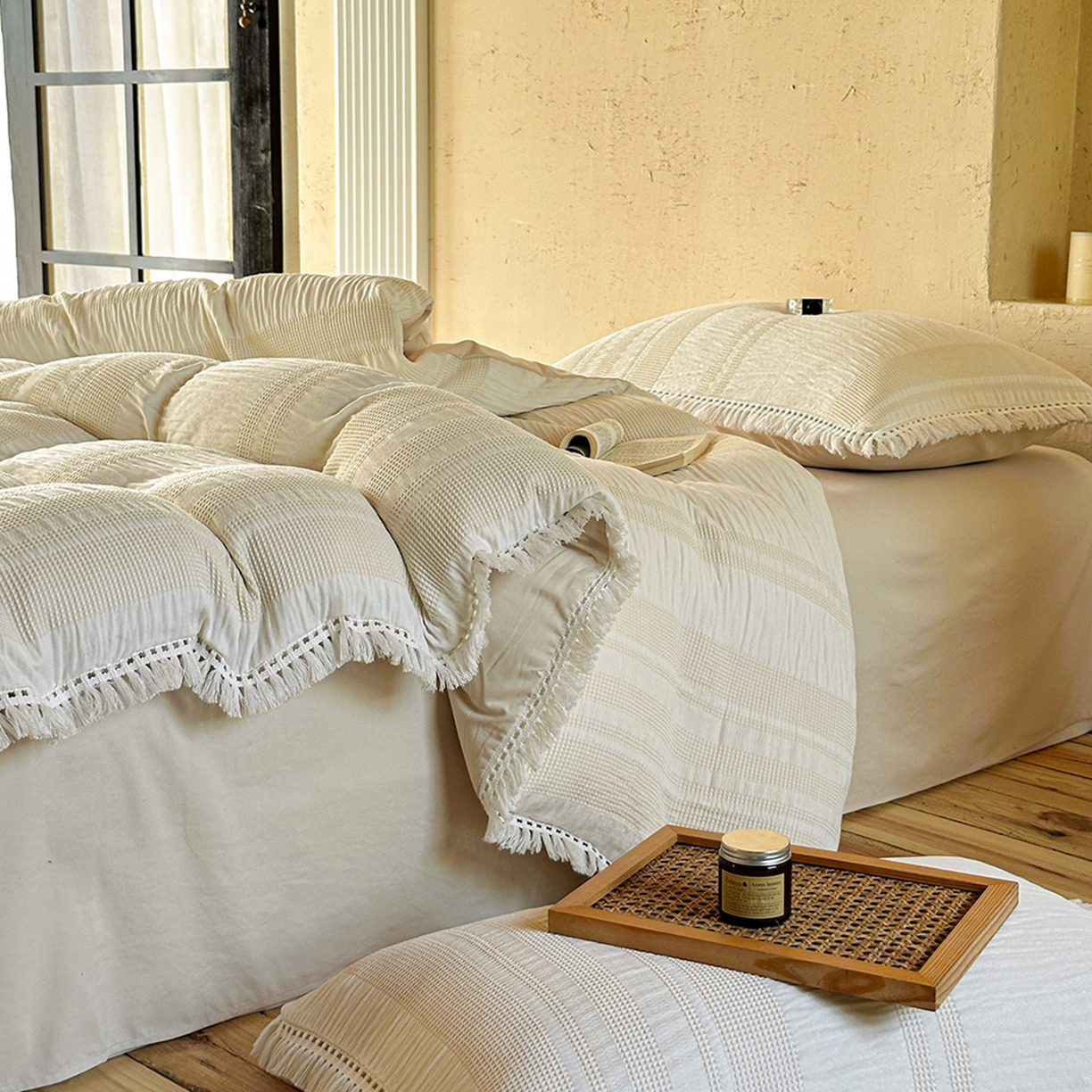 91家纺网 家纺一手货源 找家纺 缘生活 2026新款色织提花双层纱华夫格流苏四件套 双工艺流苏-米白色