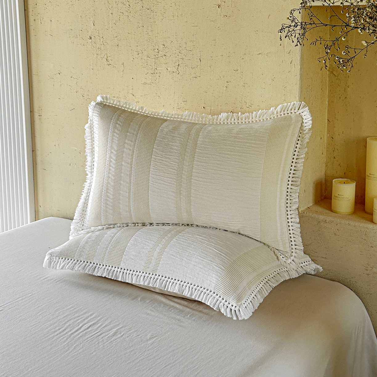 91家纺网 家纺一手货源 找家纺 缘生活 2026新款色织提花双层纱华夫格流苏四件套 双工艺流苏-米白色