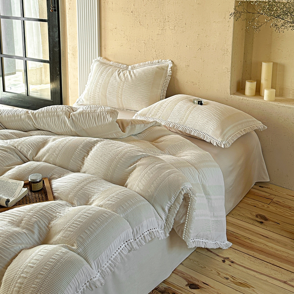 91家纺网 家纺一手货源 找家纺 缘生活 2026新款色织提花双层纱华夫格流苏四件套 双工艺流苏-米白色