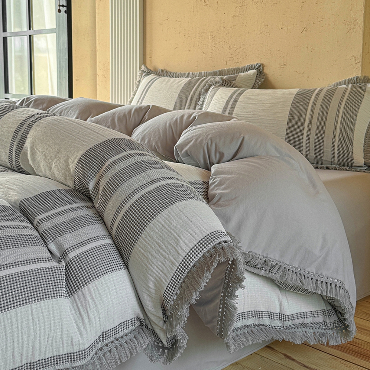 缘生活 2026新款色织提花双层纱华夫格流苏四件套 双工艺流苏-银灰色