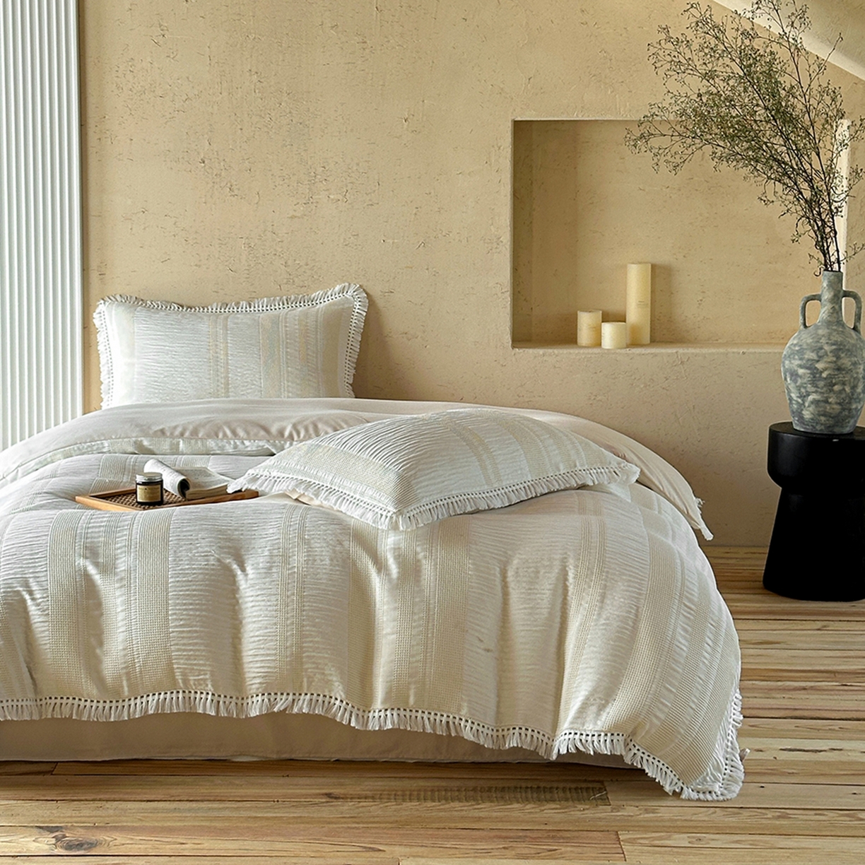 91家纺网 家纺一手货源 找家纺 缘生活 2026新款色织提花双层纱华夫格流苏四件套 双工艺流苏-米白色