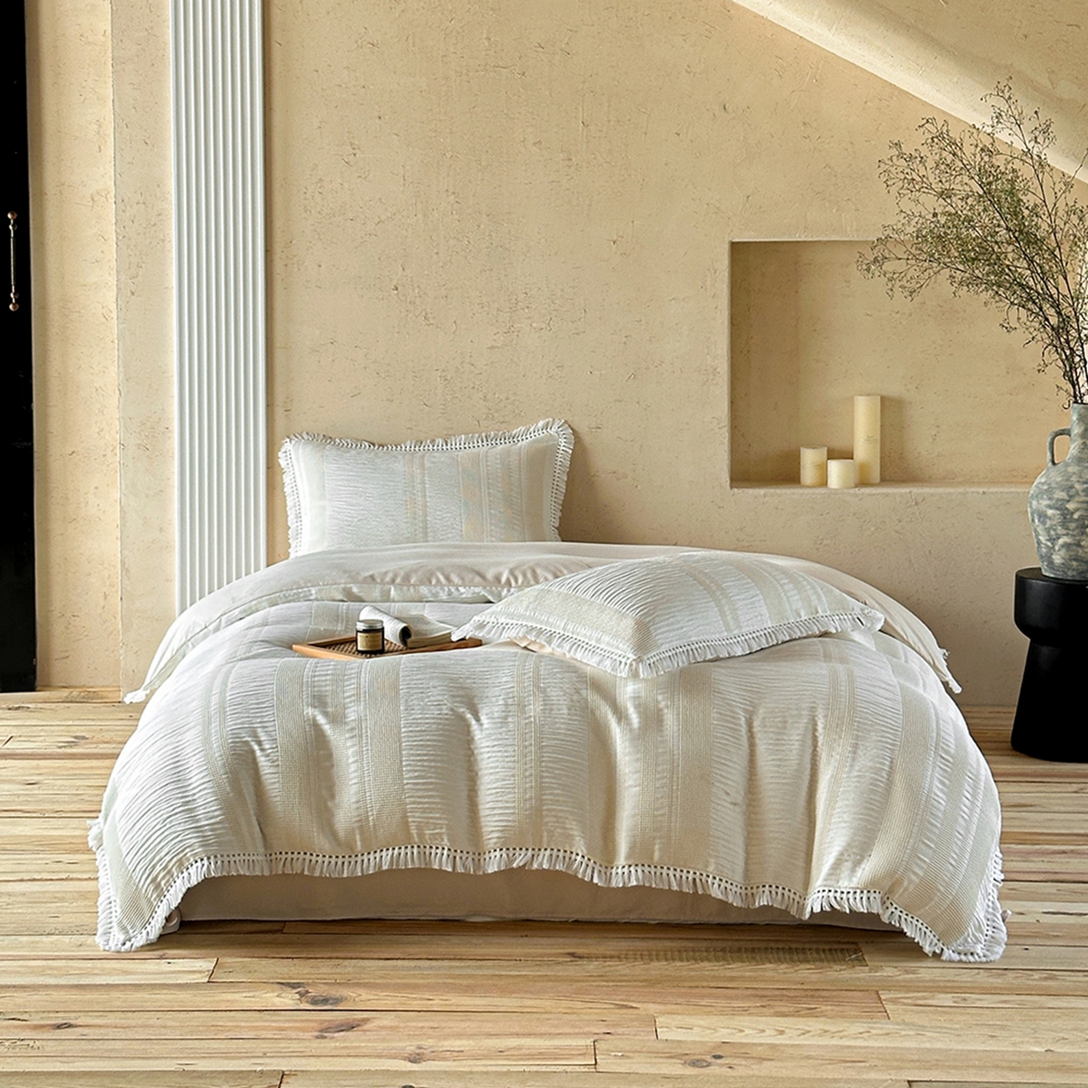 91家纺网 家纺一手货源 找家纺 缘生活 2026新款色织提花双层纱华夫格流苏四件套 双工艺流苏-米白色