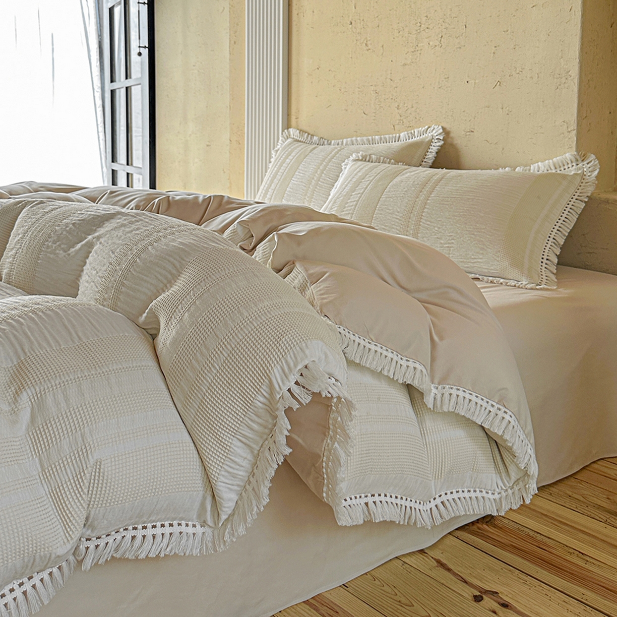 缘生活 2026新款色织提花双层纱华夫格流苏四件套 双工艺流苏-米白色