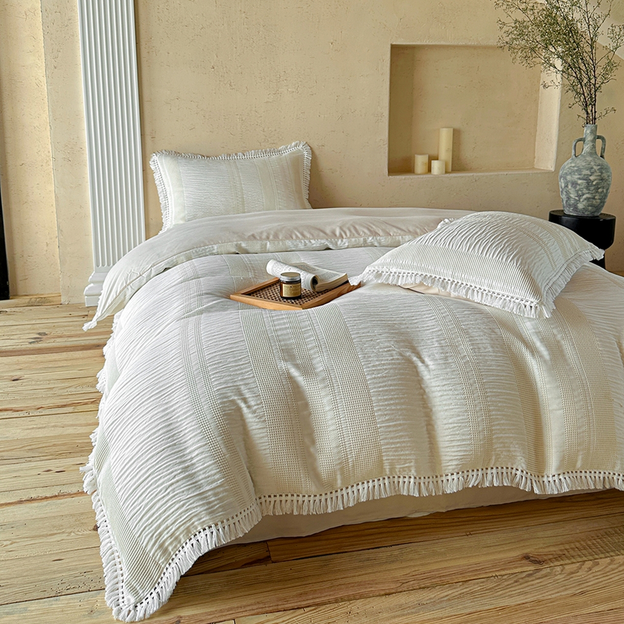 91家纺网 家纺一手货源 找家纺 缘生活 2026新款色织提花双层纱华夫格流苏四件套 双工艺流苏-米白色