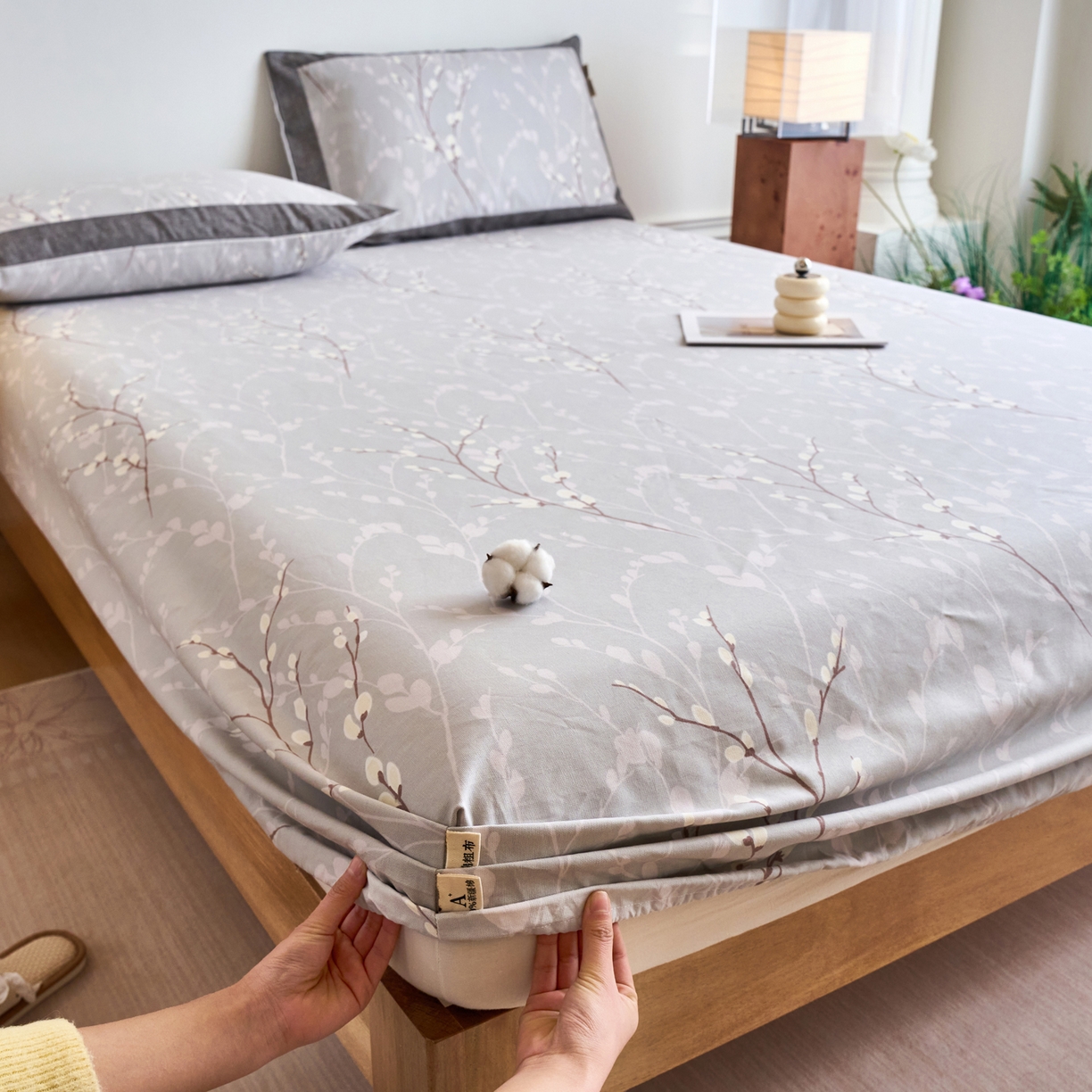 91家纺网 家纺一手货源 找家纺 春皖家纺 2026新款全棉老粗布工艺款单床笠床笠单件 枝丫