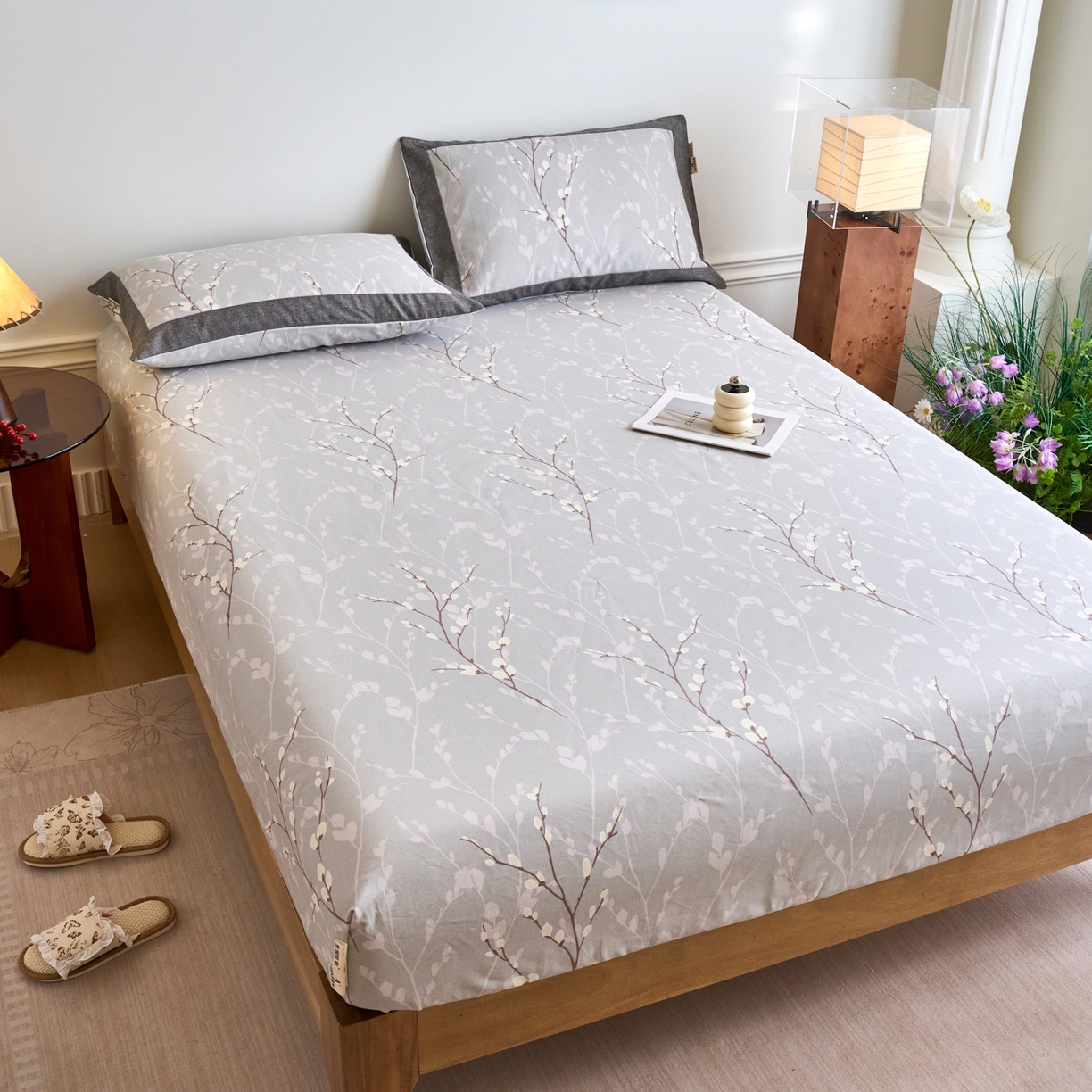 91家纺网 家纺一手货源 找家纺 春皖家纺 2026新款全棉老粗布工艺款单床笠床笠单件 枝丫