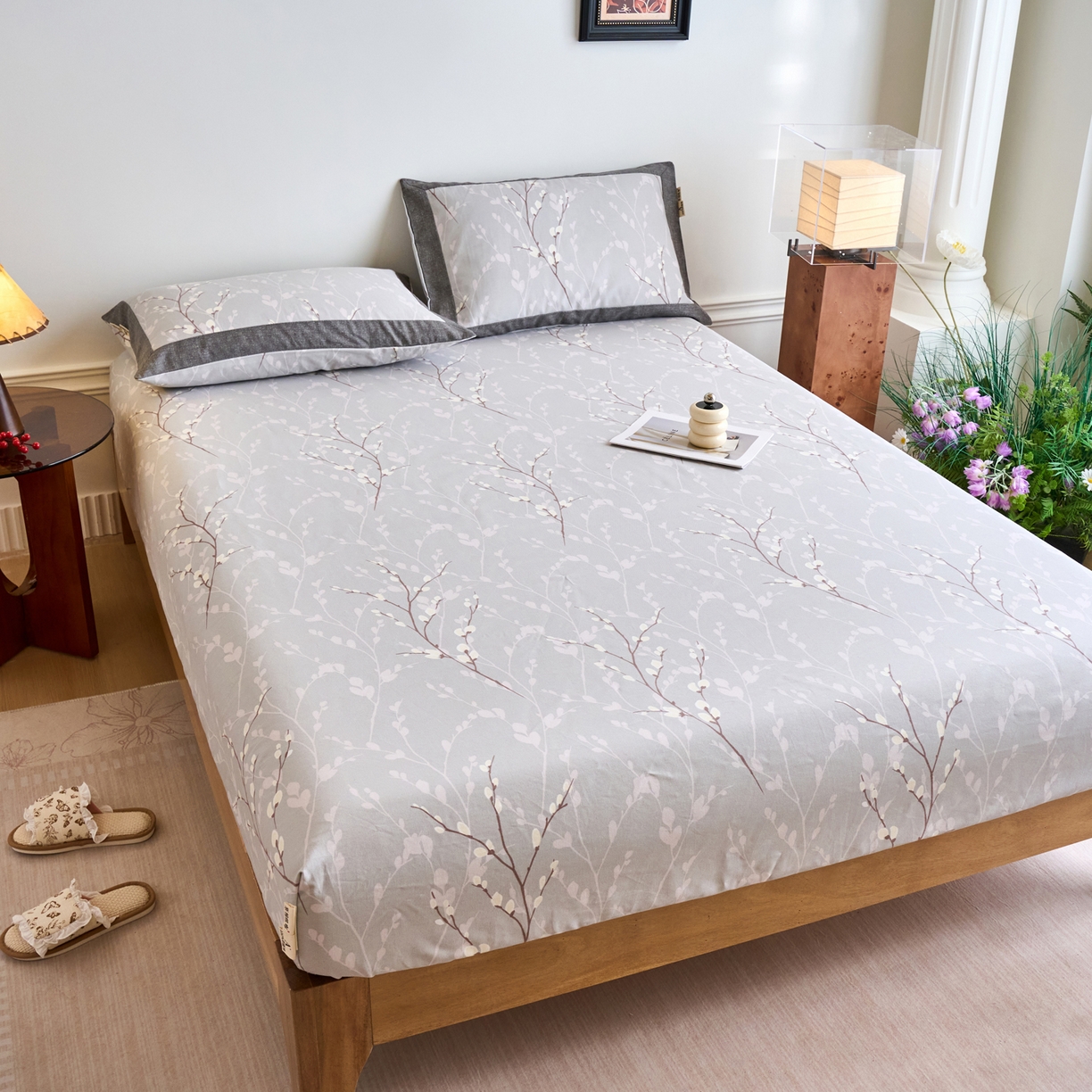 91家纺网 家纺一手货源 找家纺 春皖家纺 2026新款全棉老粗布工艺款单床笠床笠单件 枝丫