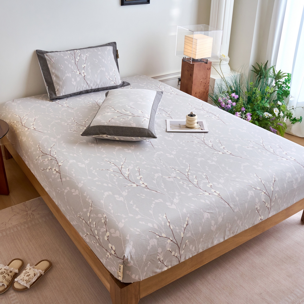 91家纺网 家纺一手货源 找家纺 春皖家纺 2026新款全棉老粗布工艺款单床笠床笠单件 枝丫