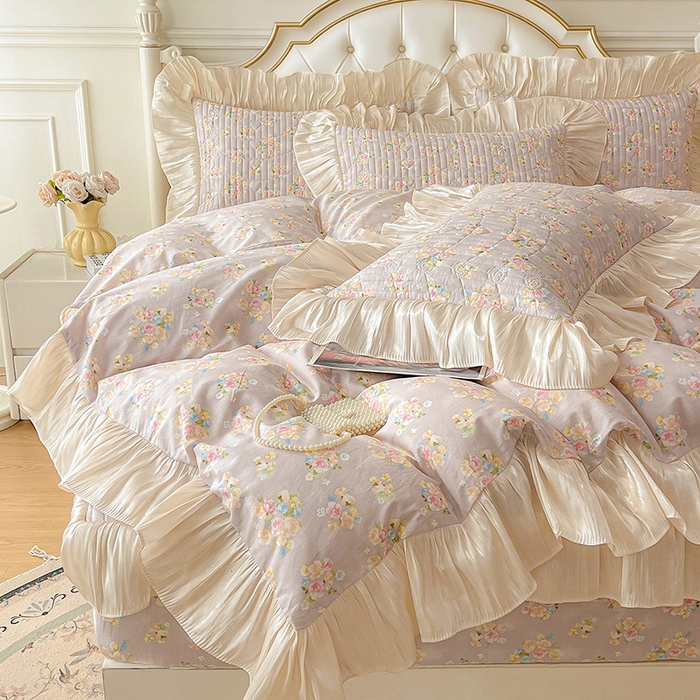 91家纺网 家纺一手货源 找家纺 宜凡家纺 2026新款全棉夹棉公主风床笠三件套 晴空