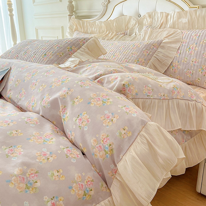 91家纺网 家纺一手货源 找家纺 宜凡家纺 2026新款全棉夹棉公主风床笠三件套 晴空