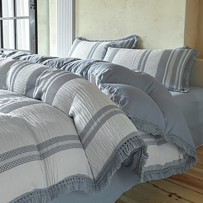 缘生活 2026新款色织提花双层纱华夫格流苏四件套 双工艺流苏-青蓝色