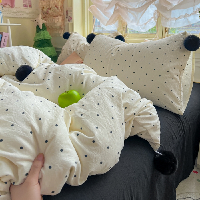 91家纺网 家纺一手货源 找家纺 （总）花伞家居 2026新款ins毛球波点软软糯糯古法水洗棉加厚四件套含买家秀