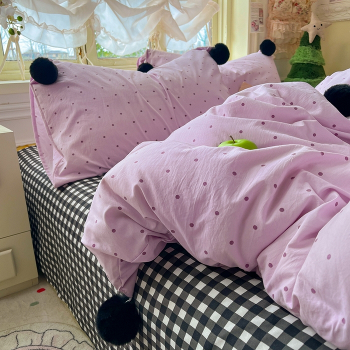 91家纺网 家纺一手货源 找家纺 花伞家居 2026新款ins毛球波点软软糯糯古法水洗棉加厚四件套含买家秀 毛球波点-紫