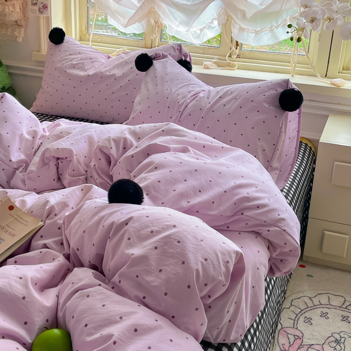 91家纺网 家纺一手货源 找家纺 花伞家居 2026新款ins毛球波点软软糯糯古法水洗棉加厚四件套含买家秀 毛球波点-紫