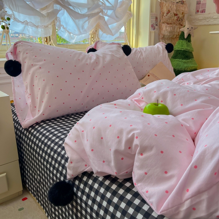 91家纺网 家纺一手货源 找家纺 花伞家居 2026新款ins毛球波点软软糯糯古法水洗棉加厚四件套含买家秀 毛球波点-粉