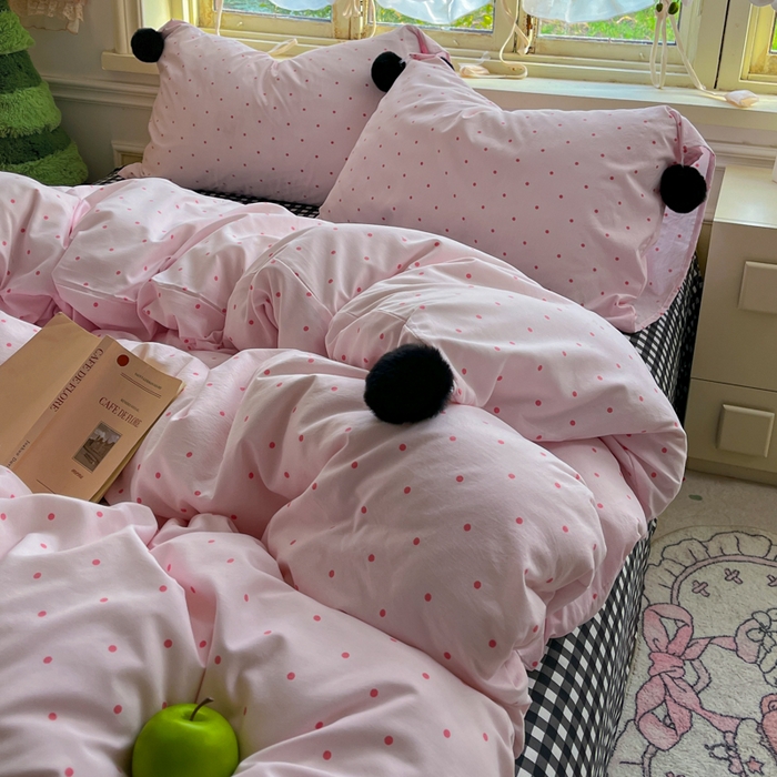 91家纺网 家纺一手货源 找家纺 花伞家居 2026新款ins毛球波点软软糯糯古法水洗棉加厚四件套含买家秀 毛球波点-粉