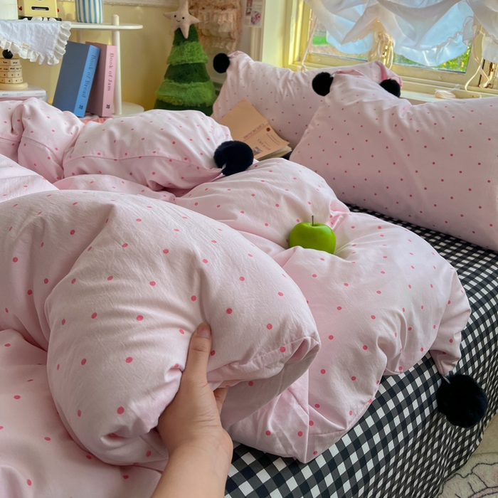 91家纺网 家纺一手货源 找家纺 花伞家居 2026新款ins毛球波点软软糯糯古法水洗棉加厚四件套含买家秀 毛球波点-粉