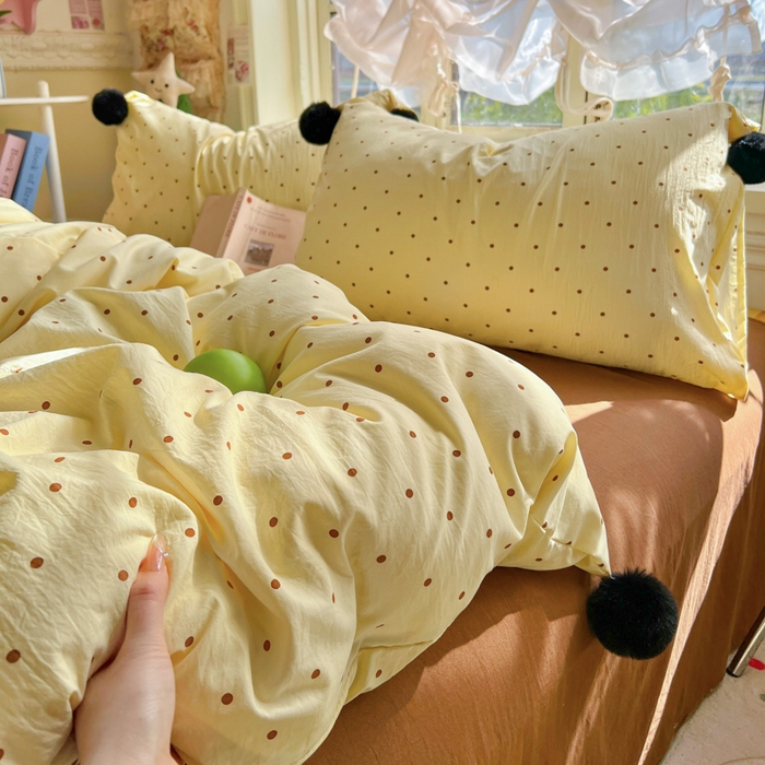 91家纺网 家纺一手货源 找家纺 花伞家居 2026新款ins毛球波点软软糯糯古法水洗棉加厚四件套含买家秀 毛球波点-黄