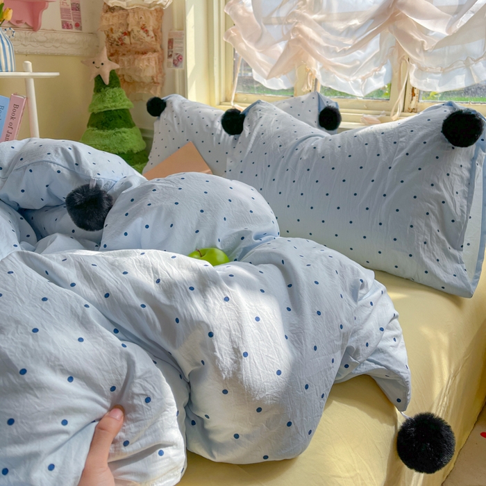 91家纺网 家纺一手货源 找家纺 花伞家居 2026新款ins毛球波点软软糯糯古法水洗棉加厚四件套含买家秀 毛球波点-蓝
