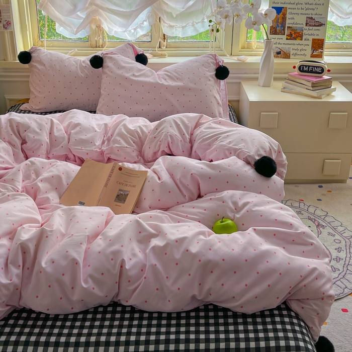 花伞家居 2026新款ins毛球波点软软糯糯古法水洗棉加厚四件套含买家秀 毛球波点-粉