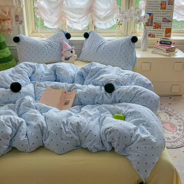 91家纺网 家纺一手货源 找家纺 花伞家居 2026新款ins毛球波点软软糯糯古法水洗棉加厚四件套含买家秀 毛球波点-蓝