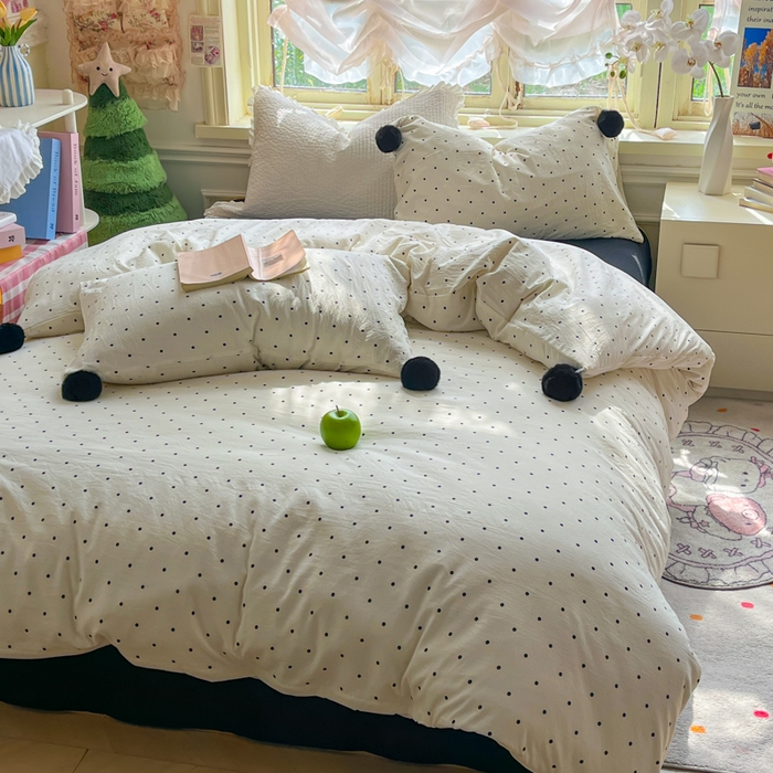 91家纺网 家纺一手货源 找家纺 花伞家居 2026新款ins毛球波点软软糯糯古法水洗棉加厚四件套含买家秀 毛球波点-白