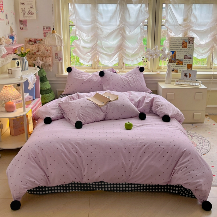 91家纺网 家纺一手货源 找家纺 花伞家居 2026新款ins毛球波点软软糯糯古法水洗棉加厚四件套含买家秀 毛球波点-紫