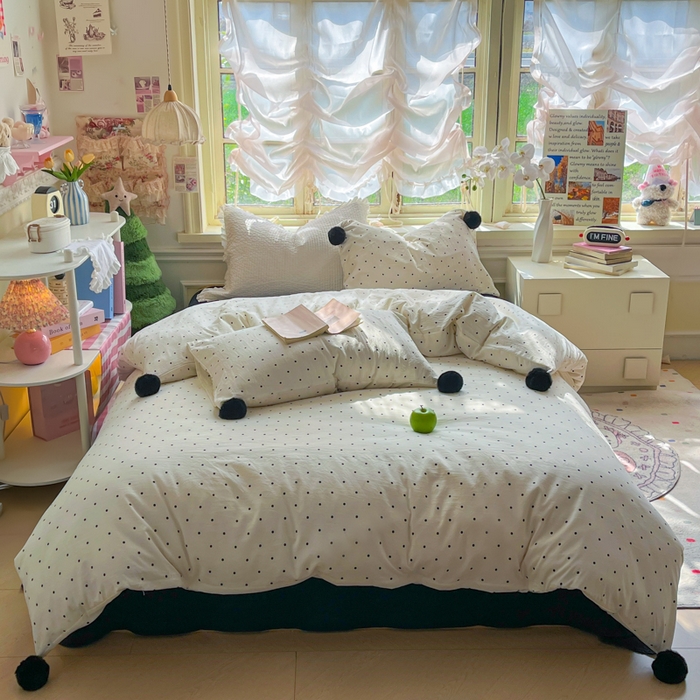91家纺网 家纺一手货源 找家纺 花伞家居 2026新款ins毛球波点软软糯糯古法水洗棉加厚四件套含买家秀 毛球波点-白