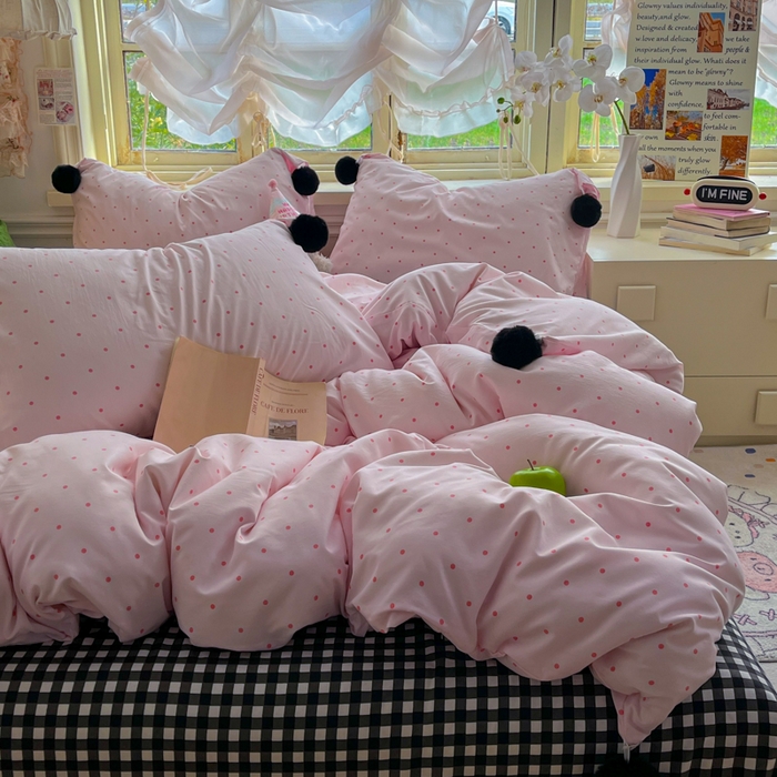 91家纺网 家纺一手货源 找家纺 花伞家居 2026新款ins毛球波点软软糯糯古法水洗棉加厚四件套含买家秀 毛球波点-粉