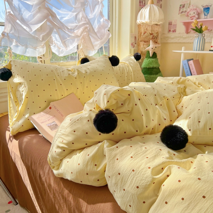 91家纺网 家纺一手货源 找家纺 花伞家居 2026新款ins毛球波点软软糯糯古法水洗棉加厚四件套含买家秀 毛球波点-黄