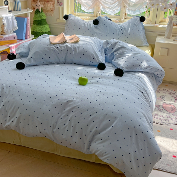 91家纺网 家纺一手货源 找家纺 花伞家居 2026新款ins毛球波点软软糯糯古法水洗棉加厚四件套含买家秀 毛球波点-蓝