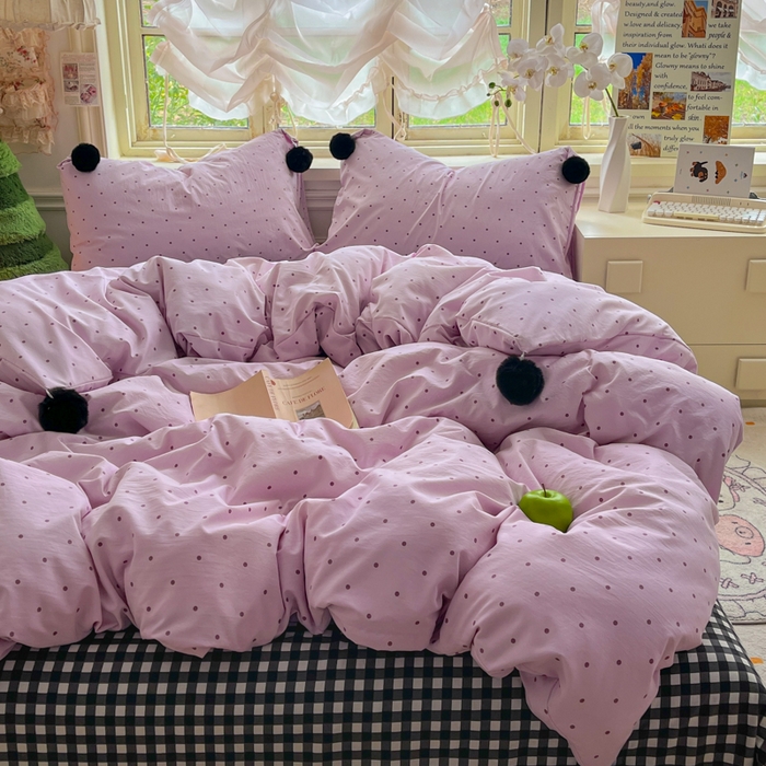 91家纺网 家纺一手货源 找家纺 花伞家居 2026新款ins毛球波点软软糯糯古法水洗棉加厚四件套含买家秀 毛球波点-紫