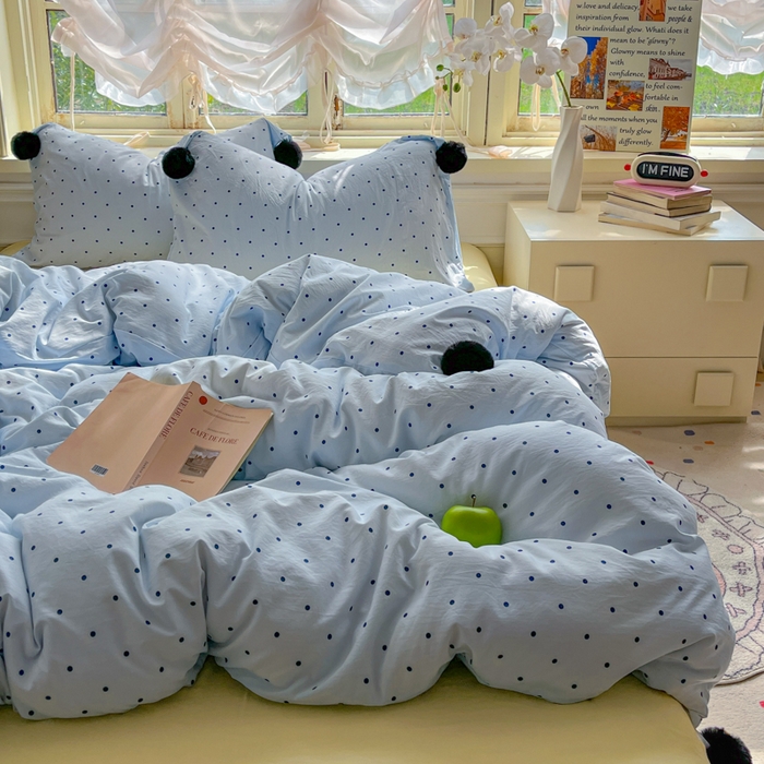 91家纺网 家纺一手货源 找家纺 花伞家居 2026新款ins毛球波点软软糯糯古法水洗棉加厚四件套含买家秀 毛球波点-蓝