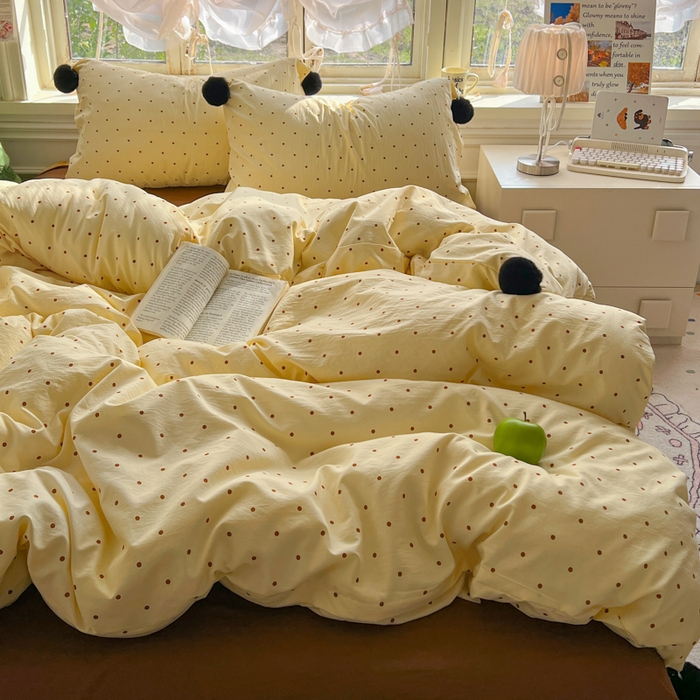 91家纺网 家纺一手货源 找家纺 花伞家居 2026新款ins毛球波点软软糯糯古法水洗棉加厚四件套含买家秀 毛球波点-黄