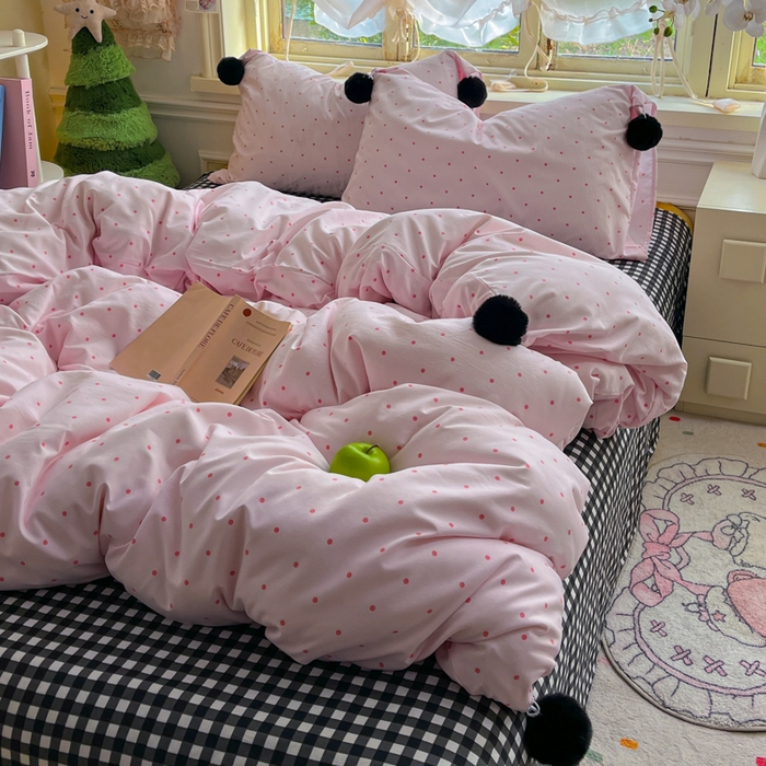 91家纺网 家纺一手货源 找家纺 花伞家居 2026新款ins毛球波点软软糯糯古法水洗棉加厚四件套含买家秀 毛球波点-粉