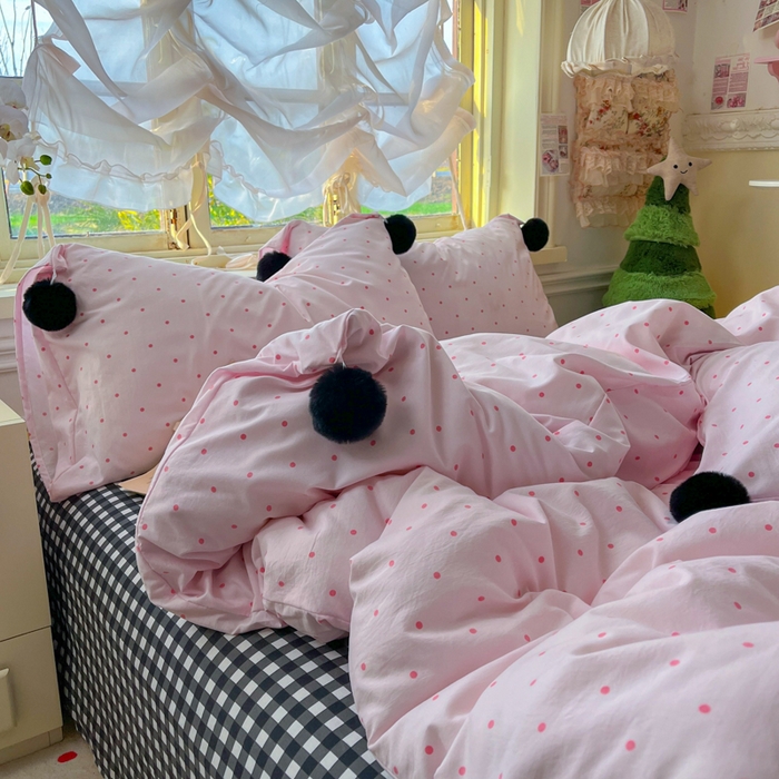 91家纺网 家纺一手货源 找家纺 花伞家居 2026新款ins毛球波点软软糯糯古法水洗棉加厚四件套含买家秀 毛球波点-粉